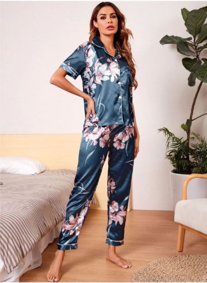 Shein Floral Print Satin Lapel Pajama Set  - Image 1