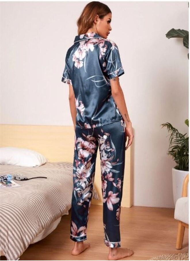 Shein Floral Print Satin Lapel Pajama Set  - Image 3
