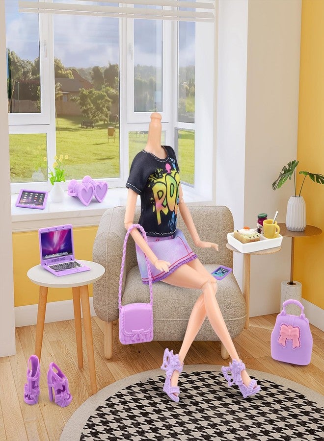18INDC 17 Pcs Doll Clothes and Accessories Suitcase Travel Set - Miniature Laptop Computer Tablet Phone, Suitcase,Backpack Bag,Clothes Set,Shoes,Telescope,Dollars,Omelette Toast Set for 11.5" Doll - Image 5