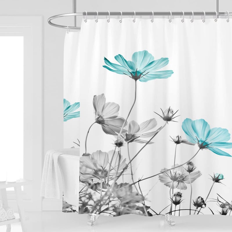Kikiry Extra Wide Shower Curtain 108''W x 72''L Clawfoot Tub Wrap Around Teal Gray Daisy Floral Elegant Flower Wildflower Bathroom Curtains Accessories Polyester Fabric Waterproof 18 Pack Hooks - Image 1