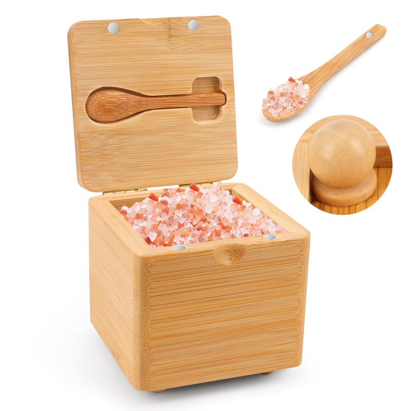 Luxiv Updated Bamboo Salt Cellar with Lid and Spoon, Bamboo Salt Box Wood Spice Box with Magnetic Lid for Pepper Spice Sea Salt Container Jar For Countertop with 4 Bases - Image 1