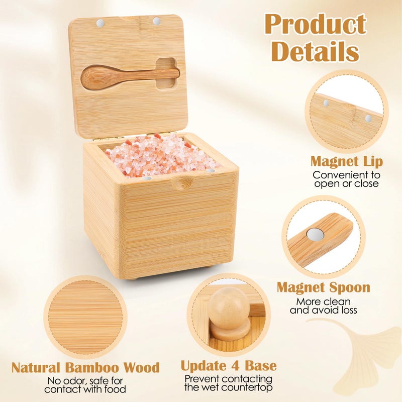 Luxiv Updated Bamboo Salt Cellar with Lid and Spoon, Bamboo Salt Box Wood Spice Box with Magnetic Lid for Pepper Spice Sea Salt Container Jar For Countertop with 4 Bases - Image 3