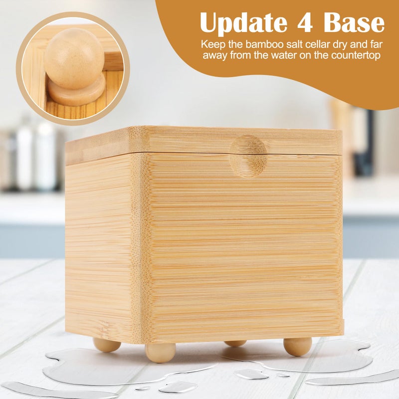 Luxiv Updated Bamboo Salt Cellar with Lid and Spoon, Bamboo Salt Box Wood Spice Box with Magnetic Lid for Pepper Spice Sea Salt Container Jar For Countertop with 4 Bases - Image 4