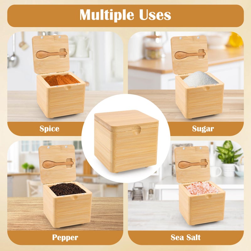 Luxiv Updated Bamboo Salt Cellar with Lid and Spoon, Bamboo Salt Box Wood Spice Box with Magnetic Lid for Pepper Spice Sea Salt Container Jar For Countertop with 4 Bases - Image 5