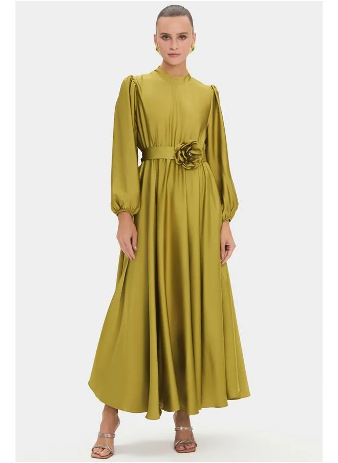 جون June Women Balloon Sleeve Accessory Detail on the Waist Maxi Dress Oil Green