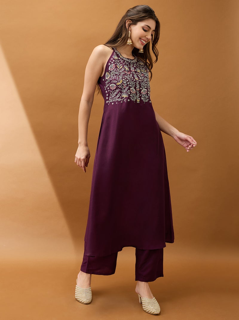 globus Globus Women Purple Floral Embroidered Yoke Halter Neck A-Line Kurta With Straight Pant Festive Set  - Image 2