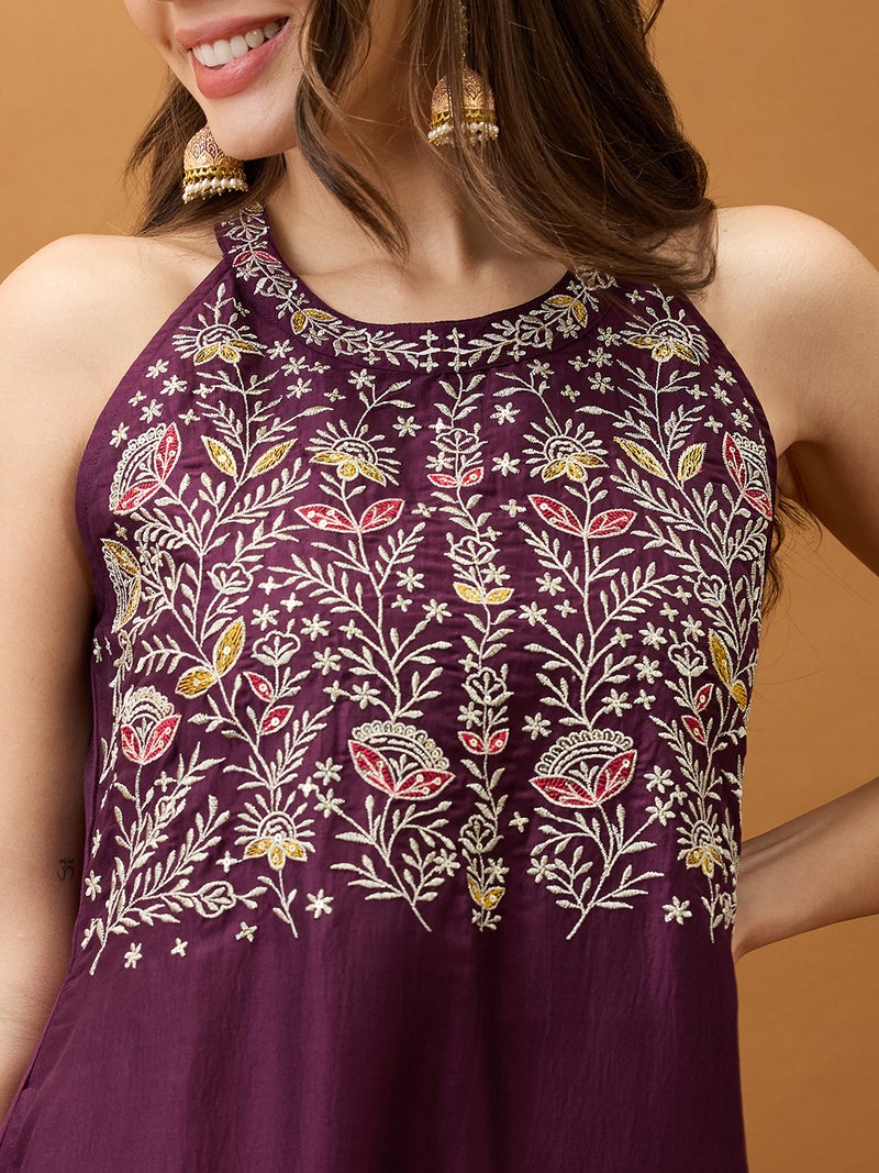globus Globus Women Purple Floral Embroidered Yoke Halter Neck A-Line Kurta With Straight Pant Festive Set  - Image 4