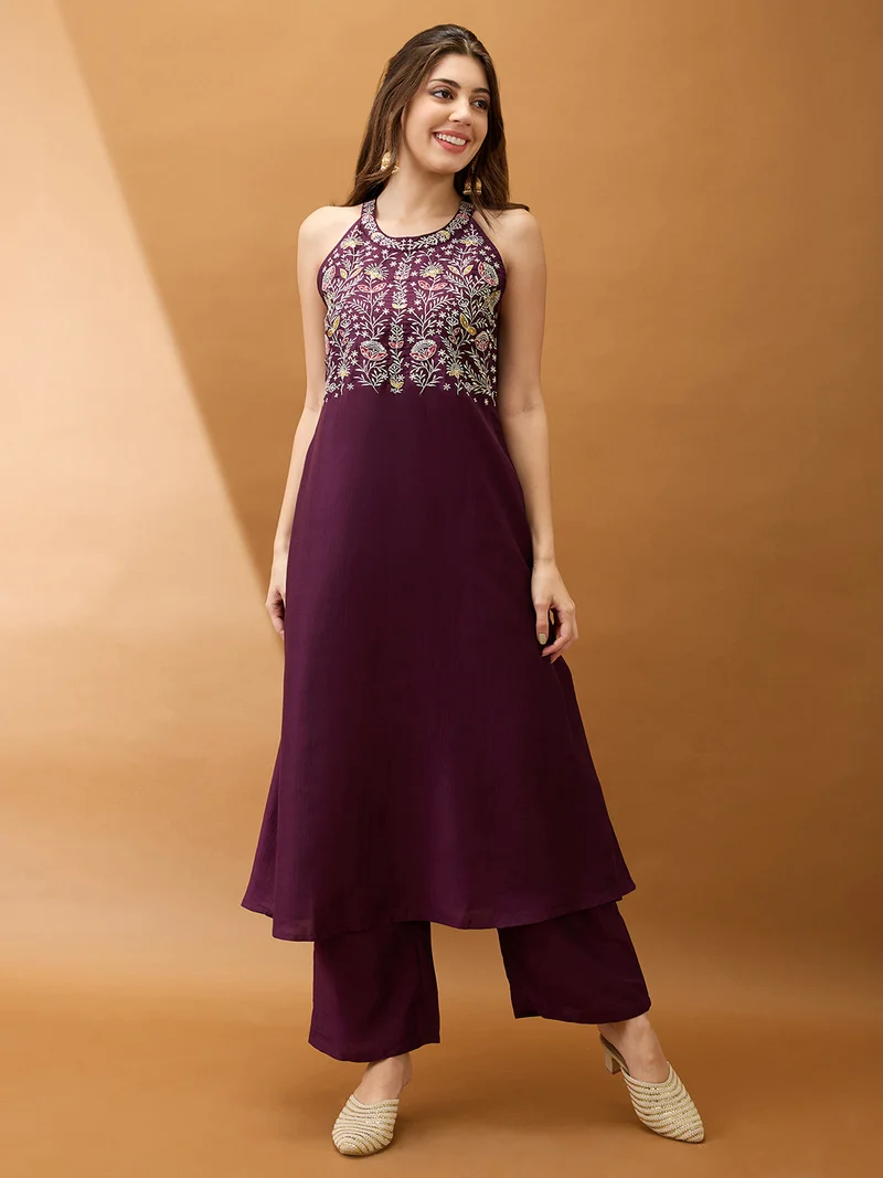 globus Women Purple Floral Embroidered Yoke Halter Neck A-Line Kurta With Straight Pant Festive Set