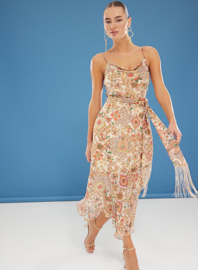 trendyol Beige Ethnic Patterned Belted A-Line Tassel Detailed Maxi Lined Chiffon Woven Dress - Image 2