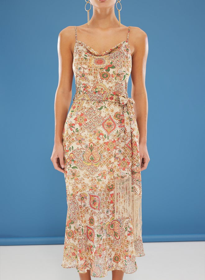 trendyol Beige Ethnic Patterned Belted A-Line Tassel Detailed Maxi Lined Chiffon Woven Dress - Image 4