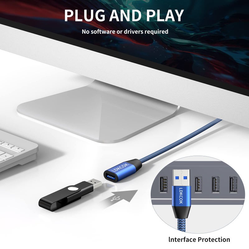 LDKCOK USB to USB Cable 20FT,Durable Braidedfor USB 3.0 Male to Male Type A to Type A Cable Data Transfer Compatible with Hard Drive, Laptop, DVD Player, TV, USB 3.0 Hub, Monitor, Camera, Set Up Box and More - Image 4