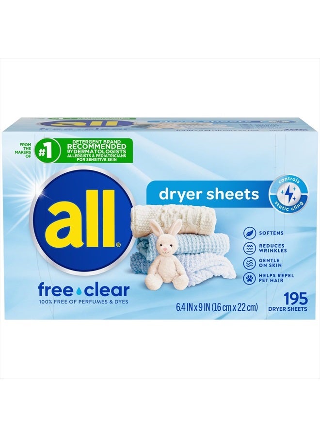 All Fabric Softener Dryer Sheets for Sensitive Skin, Free Clear, 195 Count  - Image 1