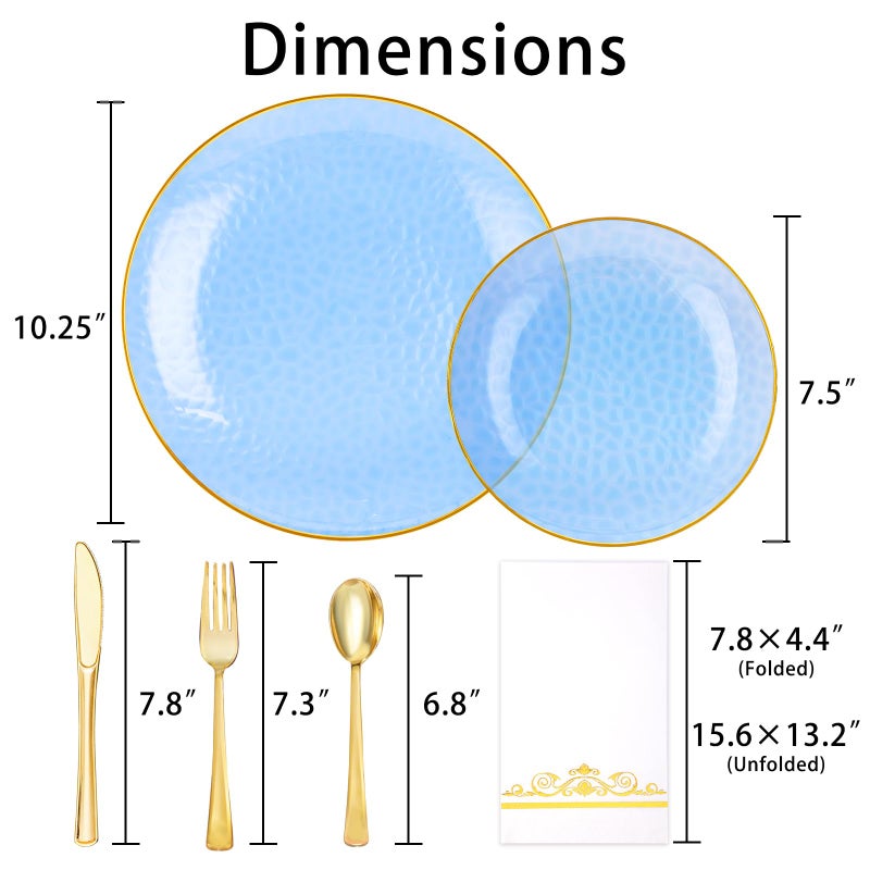 BONSINY Blue Plastic Dinnnerware Set for 25 Guests - Clear Blue Plastic Plates Disposable with Gold Trim - Fancy Disposable Plates for Party Wedding Graduation Patriotic Party Memorial Day - Image 2
