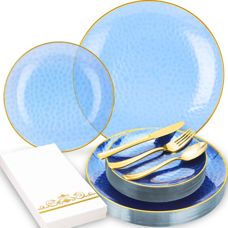 BONSINY Blue Plastic Dinnnerware Set for 25 Guests - Clear Blue Plastic Plates Disposable with Gold Trim - Fancy Disposable Plates for Party Wedding Graduation Patriotic Party Memorial Day - Image 1
