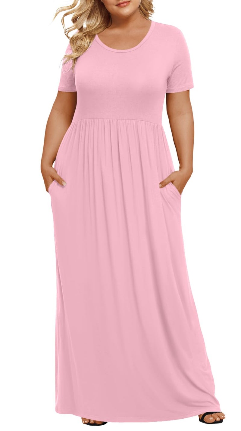 LONGYUAN Women's Plus Size Maxi Dresses for Curvy Women Summer Short Sleeve Casual 2026 Long Dress Pink XL - Image 4