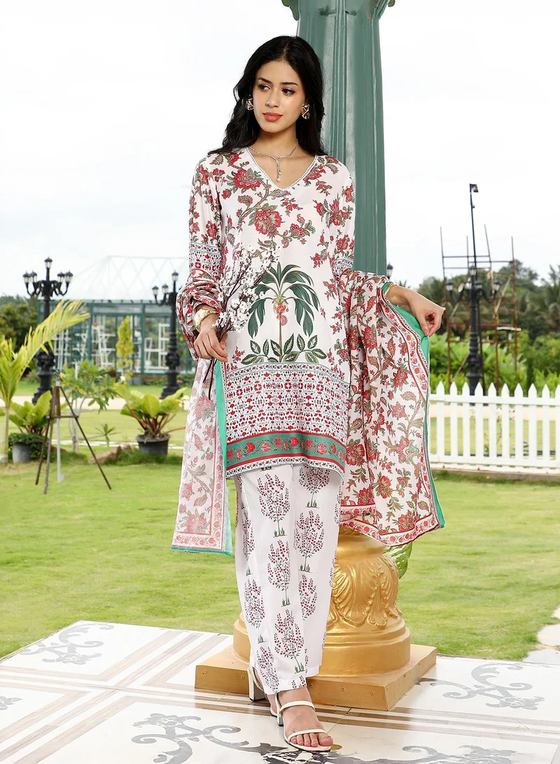 QISSA Women's Floral-Harmony Imrpint Kurta Set For Ethnic Wear | V-Neck, Quarter Regular Sleeves | Floral Print Woven Fabric | 3 Piece Kurta Set Designed For Casual & Evening Wear