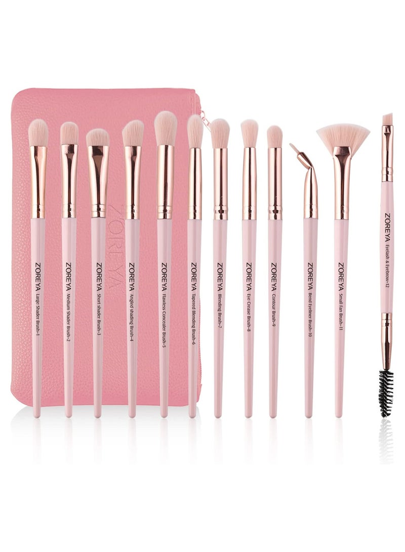 Zoreya Eye Makeup Brushes,12 PCS  Set With Carrying Bag Light Pink - Image 1