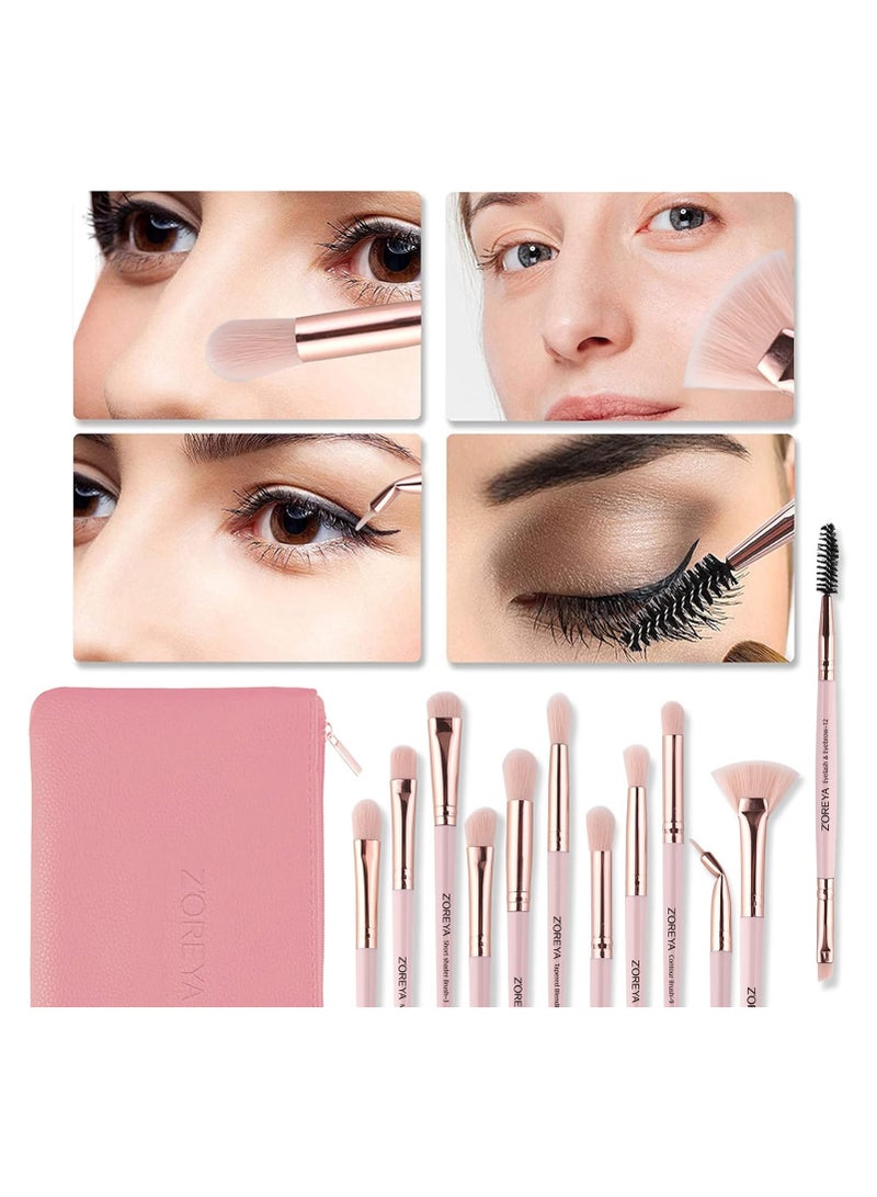 Zoreya Eye Makeup Brushes,12 PCS  Set With Carrying Bag Light Pink - Image 2