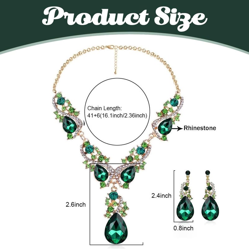 HANNEA® Necklace Set for Women Stylish Green Rhinestone Necklace & Earrings Set Glamorous Crystal Dazzling Jewelry for Party Gowns, V Neck Dress, Evening Dresses - Image 2
