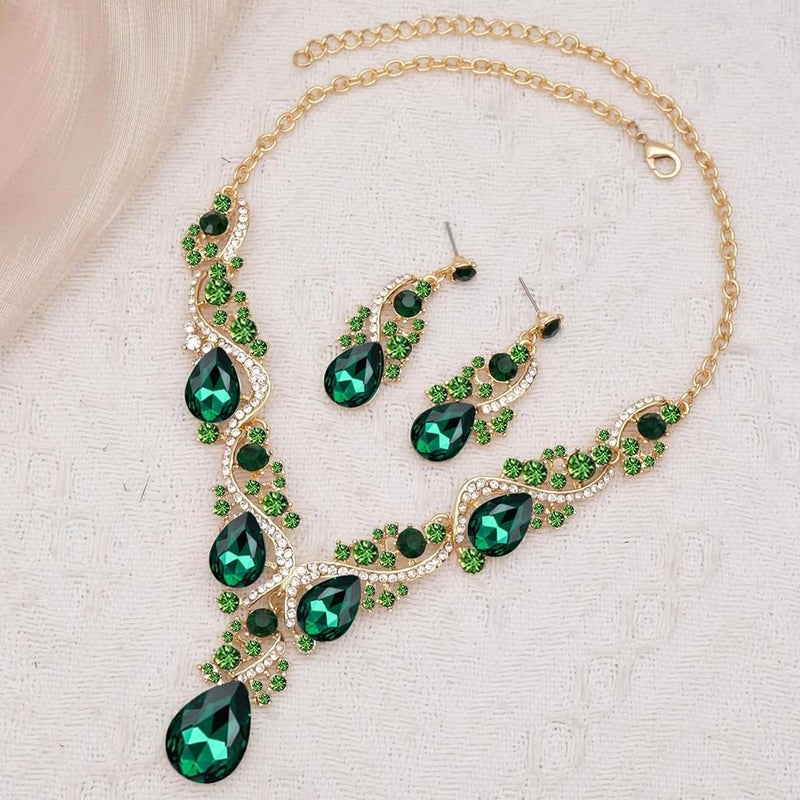 HANNEA® Necklace Set for Women Stylish Green Rhinestone Necklace & Earrings Set Glamorous Crystal Dazzling Jewelry for Party Gowns, V Neck Dress, Evening Dresses - Image 4
