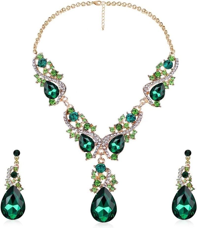 HANNEA® Necklace Set for Women Stylish Green Rhinestone Necklace & Earrings Set Glamorous Crystal Dazzling Jewelry for Party Gowns, V Neck Dress, Evening Dresses - Image 1