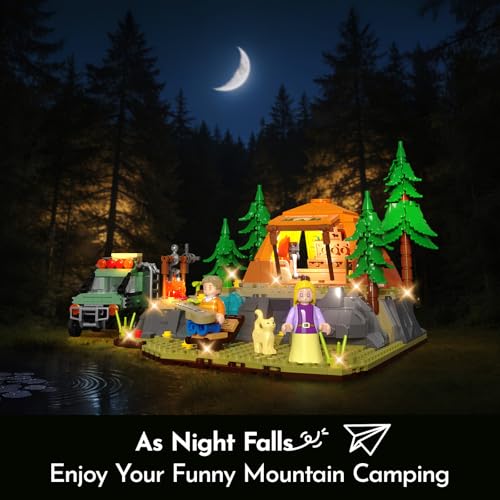 Tenhorses Mountain Camping Building Set with Light Outdoor Adventure Scene Toy with Camp Tent Camper Van Campfirre Creative Home Decor Display Xmas Birthday Gift for Adults Teens Camping Lovers 677 Pcs - Image 5