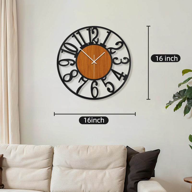Maxstar Round Wall Clock for Living Room Decor Battery Operated Non Ticking Black Metal Wood Clocks for Home Living Room Garden Office Kitchen Decoration -16 inch - Image 2