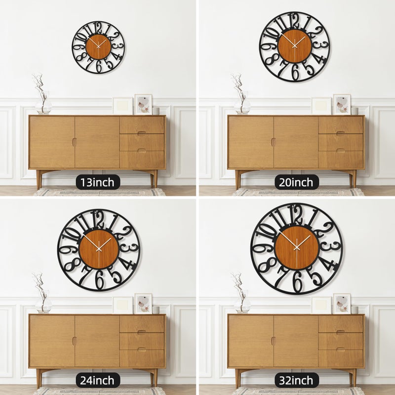 Maxstar Round Wall Clock for Living Room Decor Battery Operated Non Ticking Black Metal Wood Clocks for Home Living Room Garden Office Kitchen Decoration -16 inch - Image 3