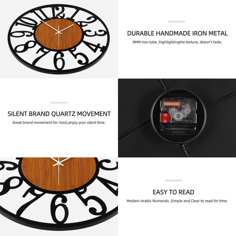 Maxstar Round Wall Clock for Living Room Decor Battery Operated Non Ticking Black Metal Wood Clocks for Home Living Room Garden Office Kitchen Decoration -16 inch - Image 4