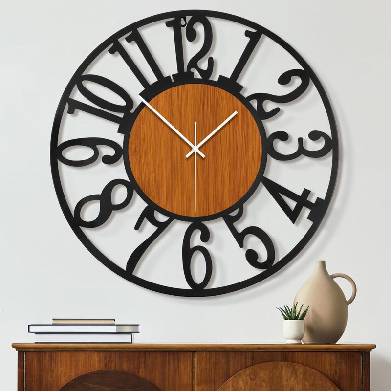 Maxstar Round Wall Clock for Living Room Decor Battery Operated Non Ticking Black Metal Wood Clocks for Home Living Room Garden Office Kitchen Decoration -16 inch - Image 1