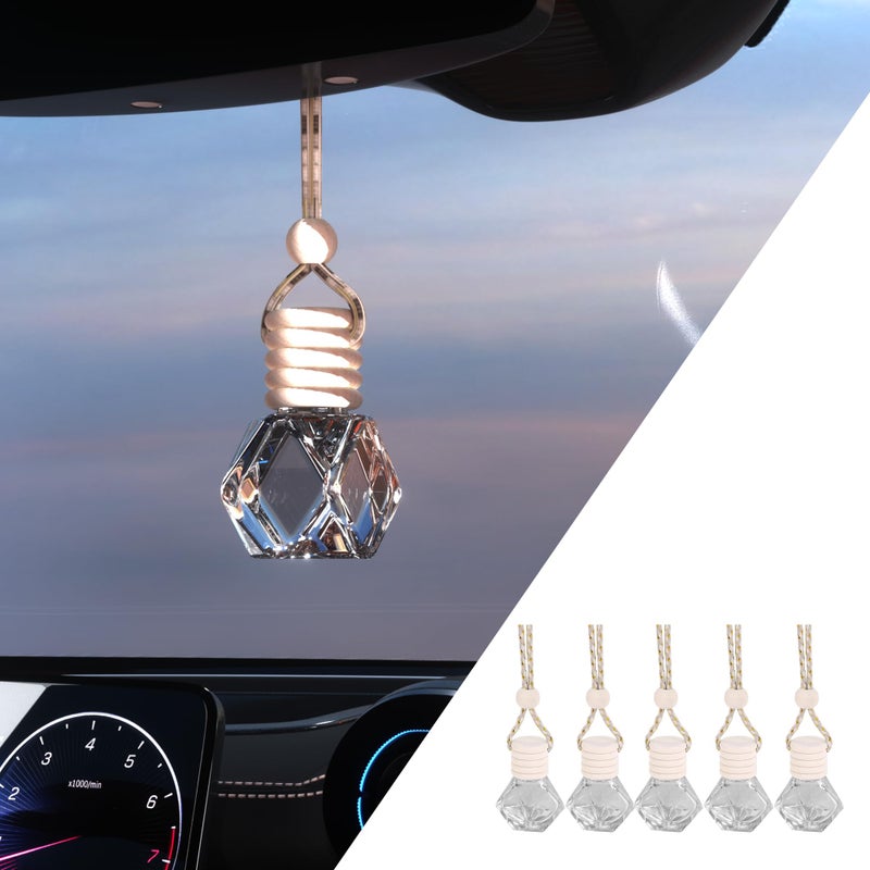 Couslcd 5PCS Hanging Car Air Freshener, Auto Interior Decoration 8 ml Oil Diffuser Perfume Aromatherapy Pendant Empty Glass Bottle, Fragrance Ornament with Vent Clip Wooden Cap and Rope (5, Rhombic) - Image 1