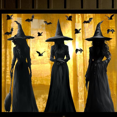 Bunny Chorus Halloween Decorations Window Clings Decor: 3pcs Large Realist Dark Witch Bats Silhouette Halloween Decals Cling Indoor, Scary Creepy Style School Home Office Party Supplies for Glass Windows - Image 1