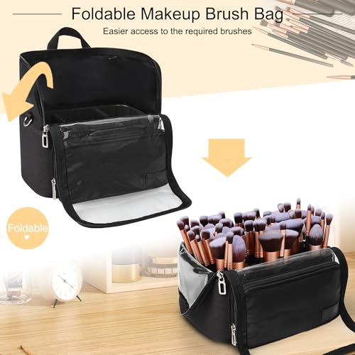 TANTO Makeup Brush Bag, Makeup Brush Holder Travel Extra Large Make up Brush Organizer Case Stand-up Makeup Cup Foldable Pro Cosmetic Artist Storage Bags with Adjustable Divide (01A-Black,X Large) - Image 3
