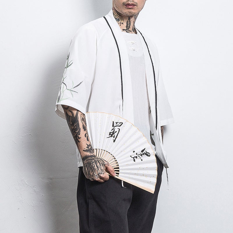 Chinese Style Shirt Mens Loose Cardigan Robe Japanese Style Dragon and Phoenix Crane Embroidery Seven-point Sleeve Hanfu Thin Coat 205 White 