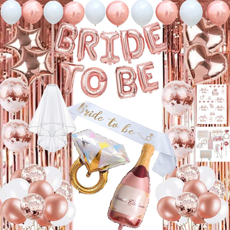 EFAILY Bachelorette Party Decorations  Rose Gold Bridal Shower Party Decor and Supplies Kit Bride To Be Sash Veil Temporary Tattoos Confetti Balloons Pack Fringe Curtain