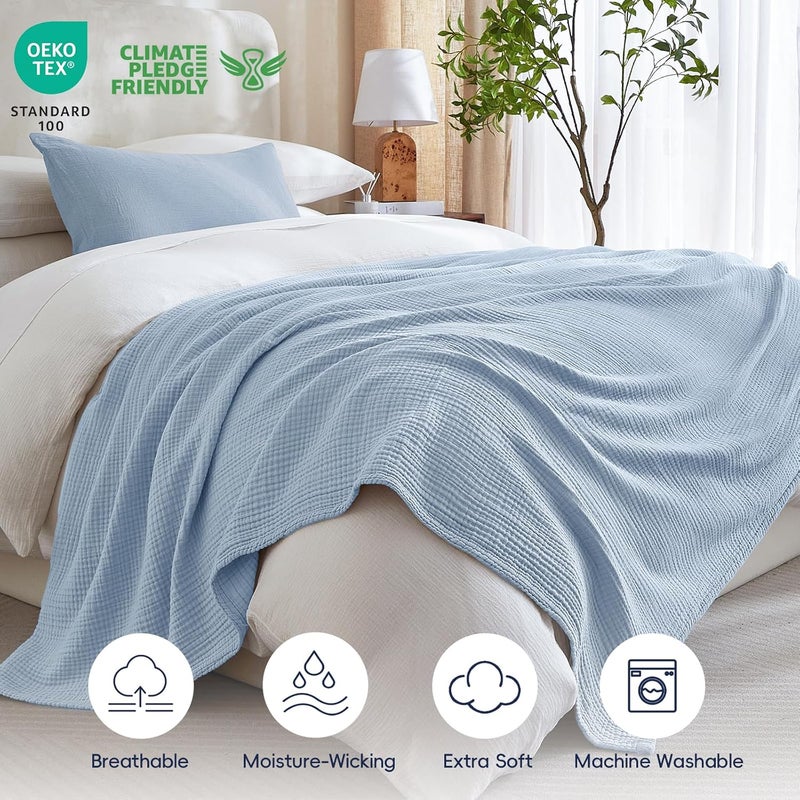 PHF 100% Cotton Muslin Blanket Queen Size 90"x90", 4-Layer Lightweight Gauze Throw, Breathable Cloud-Soft Minimalist Blanket for Bed, Couch, Camping & Baby, Ancient Water, Ideal Gift - Image 5