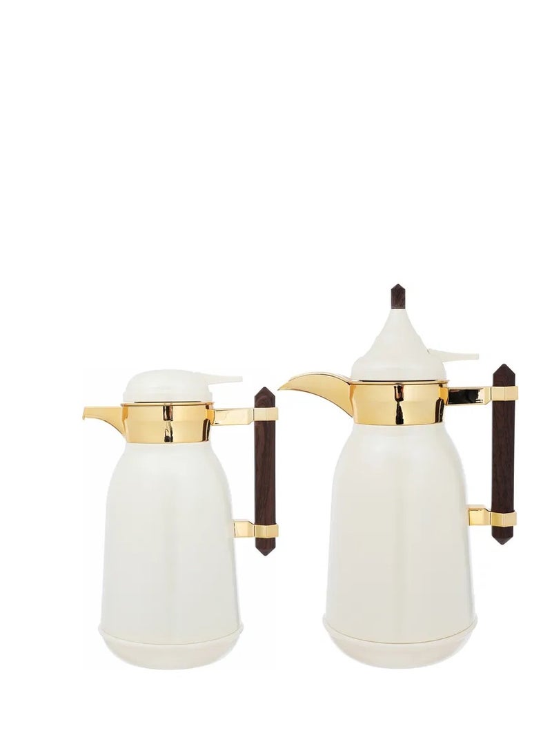 Alsaif Gallery Al Saif Gallery Shahad thermos set, 1 liter, wooden handle, thermal glass inner case, steel outer shell - off white - Image 1