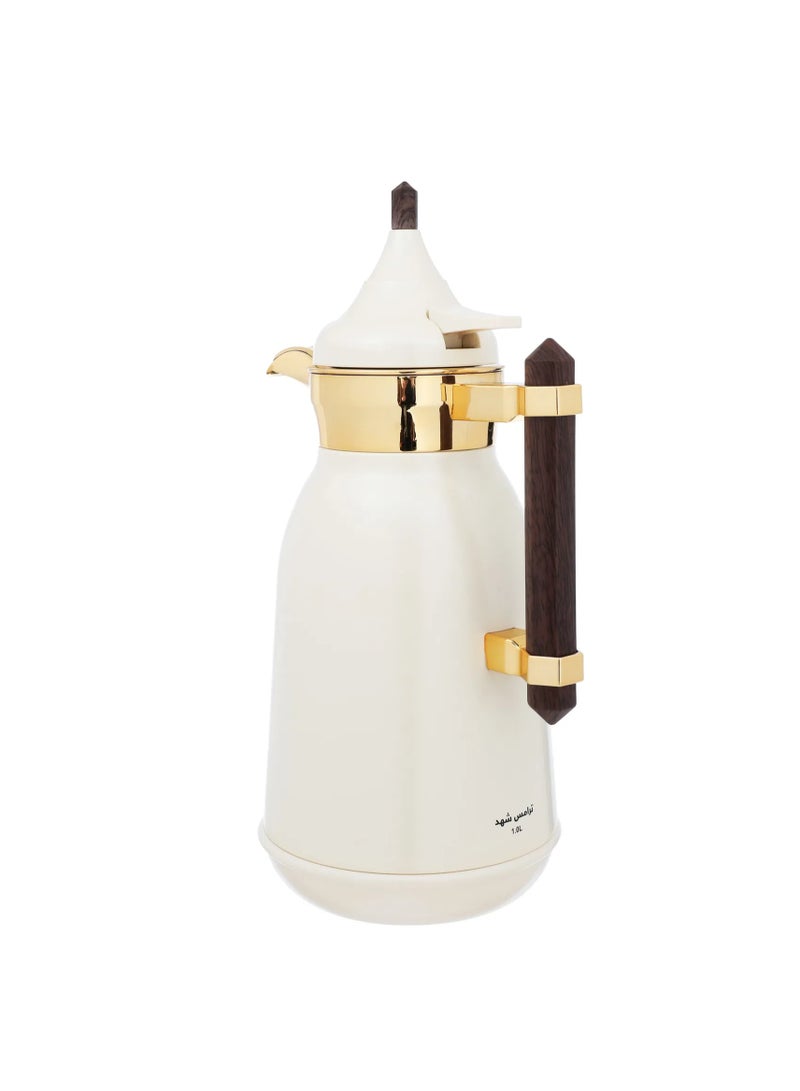 Alsaif Gallery Al Saif Gallery Shahad thermos set, 1 liter, wooden handle, thermal glass inner case, steel outer shell - off white - Image 3