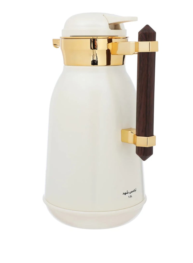 Alsaif Gallery Al Saif Gallery Shahad thermos set, 1 liter, wooden handle, thermal glass inner case, steel outer shell - off white - Image 5