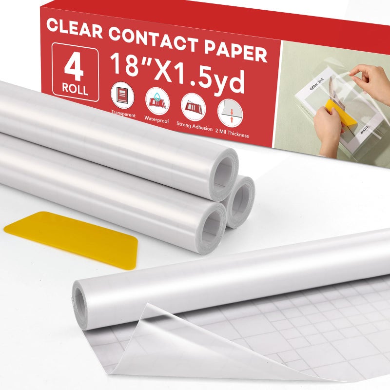 ZENOWICK 4 Rolls Clear Contact Paper, Plastic Book Covers 18 in x 4.5 ft, Contact Paper Peel and Stick, Clear Self Adhesive Protective Liner Papers Protector for Crafts Paperback Textbook Hard Covers Documents - Image 1