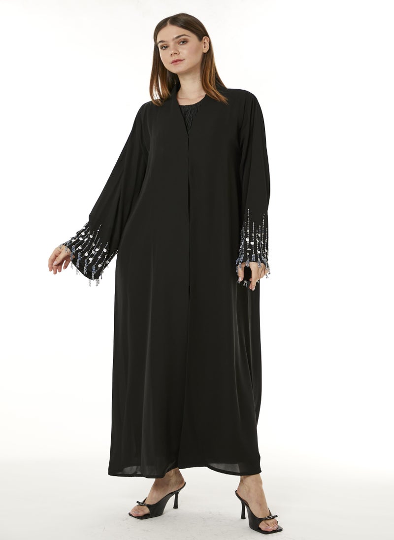 MOiSTREET Black Indonesian Crepe Hand Embellished Abaya - Image 3