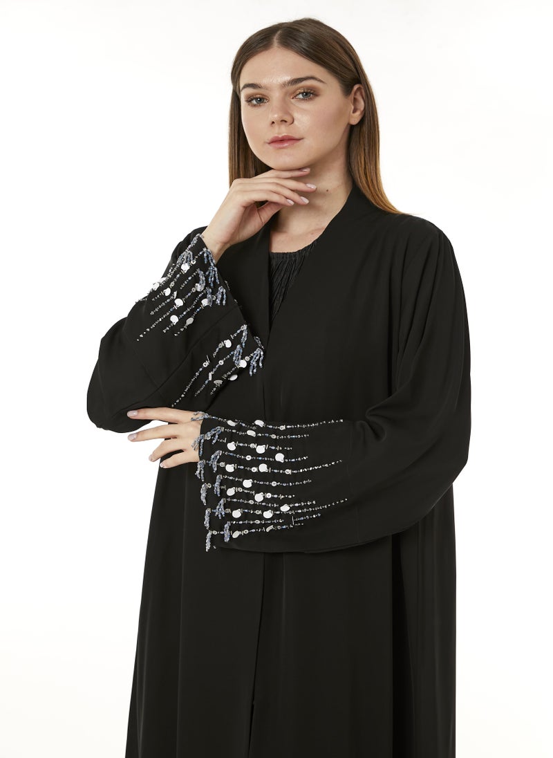 MOiSTREET Black Indonesian Crepe Hand Embellished Abaya - Image 4