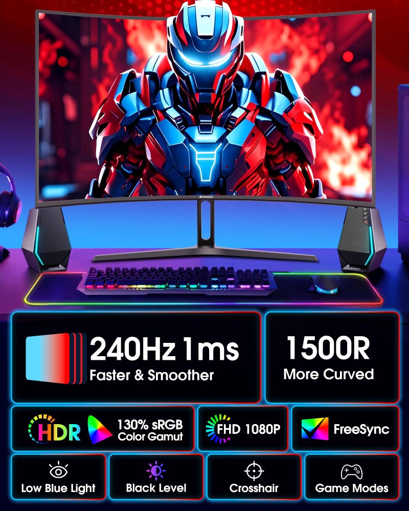 Sansui شاشة ألعاب SANSUI مقاس 27 بوصة منحنية 240Hz FHD 1080P، منحنى 1500R، شاشة كمبيوتر، 130% sRGB، تباين 4000:1، HDR، FreeSync، MPRT 1Ms، ضوء أزرق منخفض، منافذ HDMI DP، قاعدة معدنية، كابل DP متضمن. - Image 2