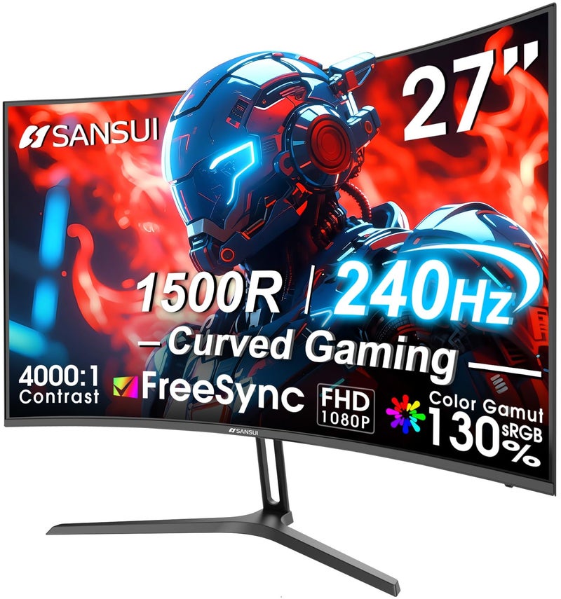 Sansui شاشة ألعاب SANSUI مقاس 27 بوصة منحنية 240Hz FHD 1080P، منحنى 1500R، شاشة كمبيوتر، 130% sRGB، تباين 4000:1، HDR، FreeSync، MPRT 1Ms، ضوء أزرق منخفض، منافذ HDMI DP، قاعدة معدنية، كابل DP متضمن. - Image 1