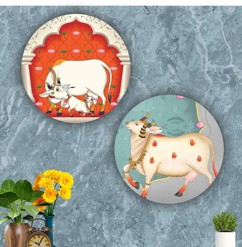 Bhikham Creation Round MDF Cow Pichwai Painting Set of 2 Traditional Indian Spiritual Art Vibrant Detailed Wall Decor Perfect for Home Temple Handcrafted Print Religious Artwork