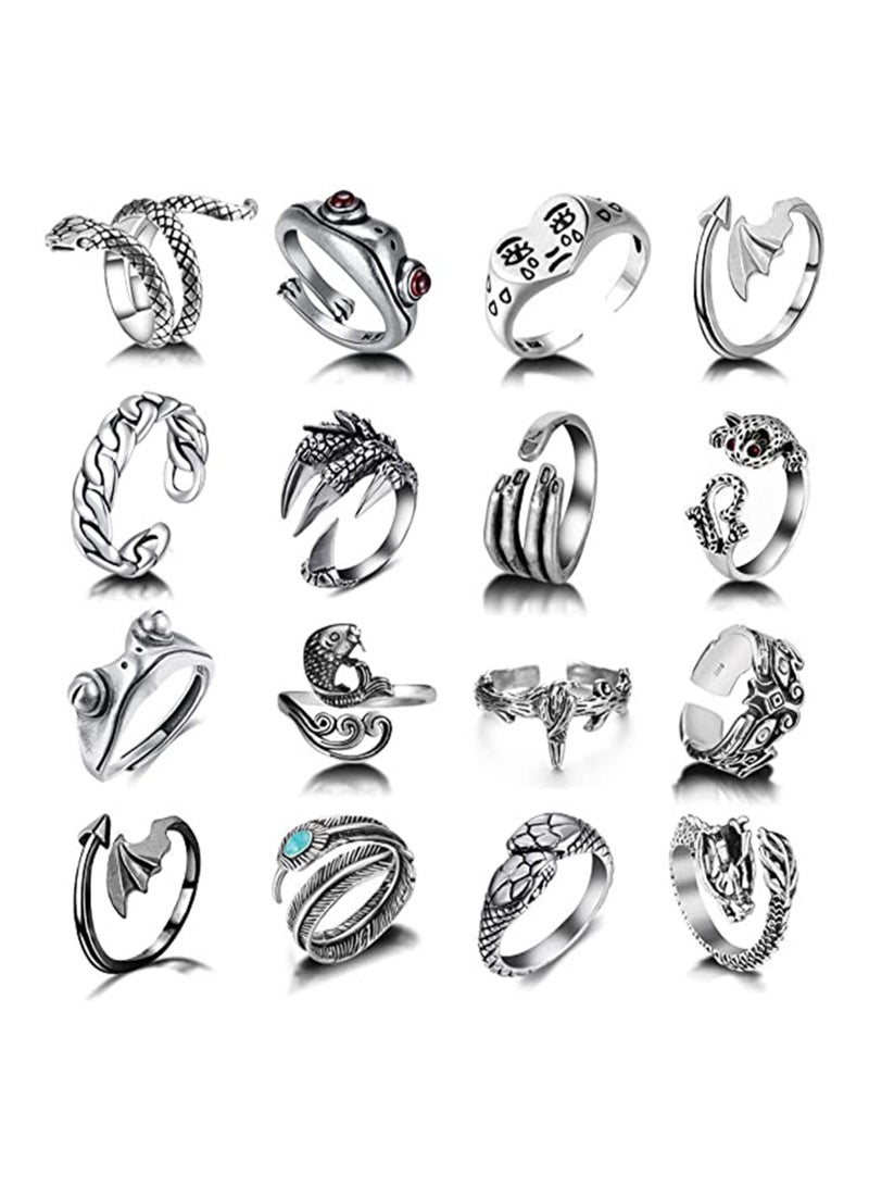 KASTWAVE Y2k Rings Open Adjustable Rings Set Silver Plated Vintage Open Y2K Knuckle Stacking Adjustable Snake Ring Stackable Jewelry Boho Finger Rings Smiley Face Hug Biker Punk Rings for Women Men Girls - Image 1