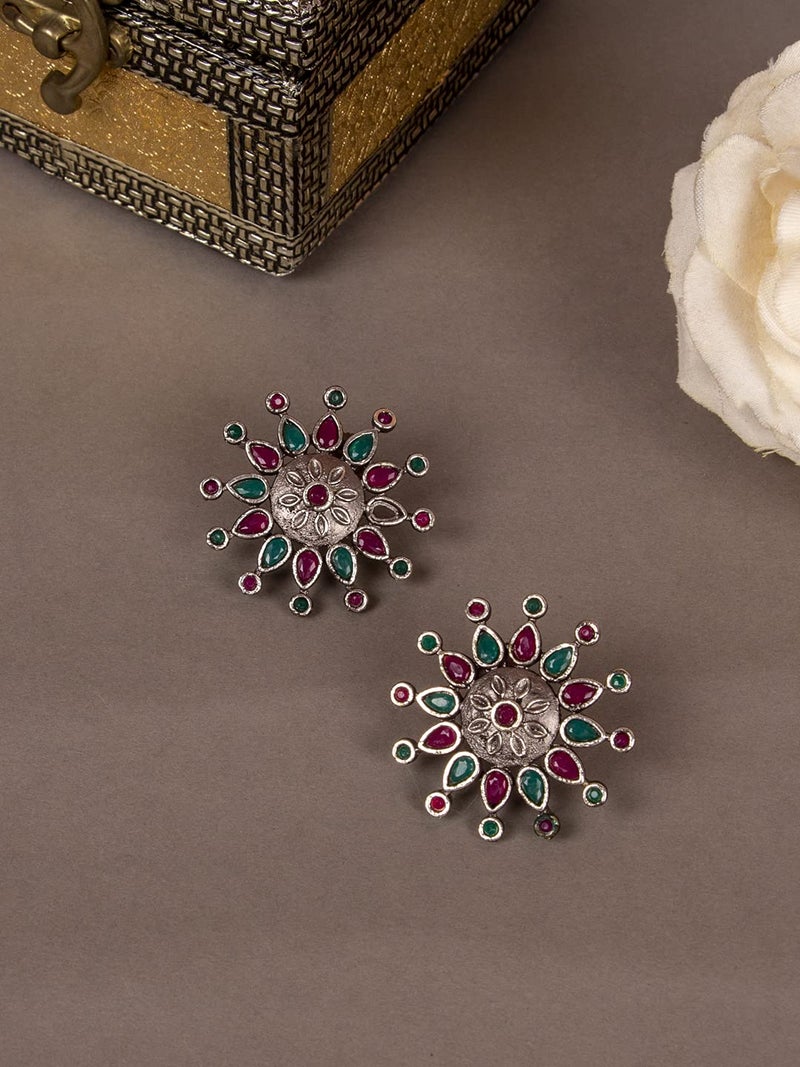 AccessHer Ethnic Oxidised Silver Plating Stylish Alloy Floral Design Round Shpae Stud Earrings for Women and girls pair of 1 - Image 2