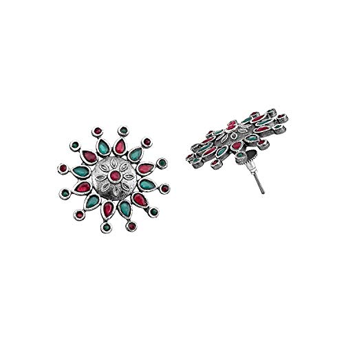 AccessHer Ethnic Oxidised Silver Plating Stylish Alloy Floral Design Round Shpae Stud Earrings for Women and girls pair of 1 - Image 3