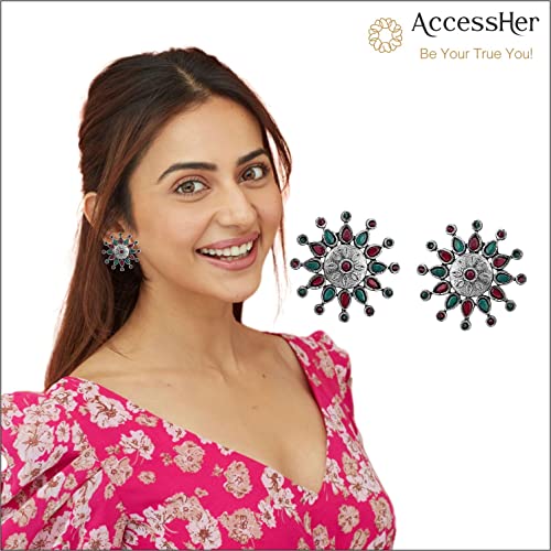 AccessHer Ethnic Oxidised Silver Plating Stylish Alloy Floral Design Round Shpae Stud Earrings for Women and girls pair of 1 - Image 5