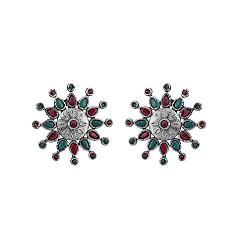 AccessHer Ethnic Oxidised Silver Plating Stylish Alloy Floral Design Round Shpae Stud Earrings for Women and girls pair of 1 - Image 1